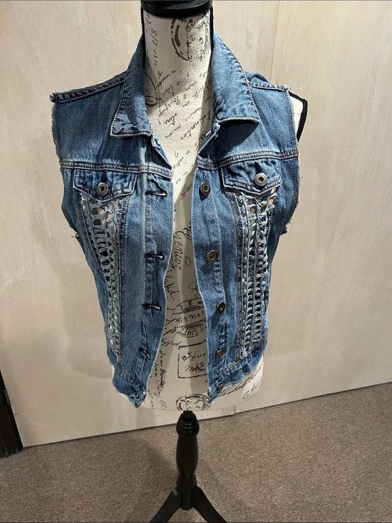 Vintage Havana Jackets & Blazers - Vintage Havana Blue Denim Sleeveless Vest with Lace-Up Panels